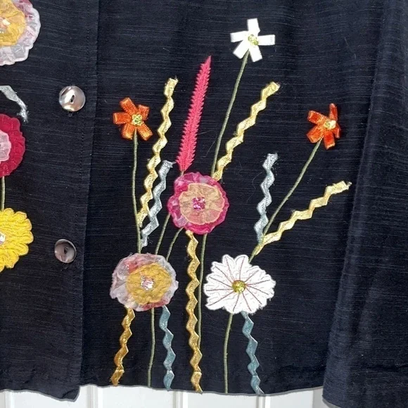 Vintage black floral wearable art blazer jacket sz XL boho hippie mixed media - Picture 4 of 9